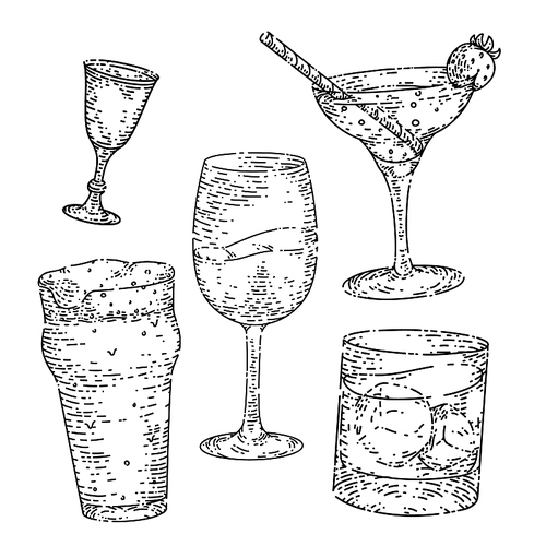 drink glass set hand drawn vector. alcohol menu, vintage bar, ice food beverage, restaurant cup drink glass sketch. isolated black illustration