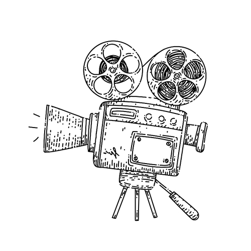 cinema camera hand drawn vector. film movie, old video projector, retro cinematography, theater industry cinema camera sketch. isolated black illustration