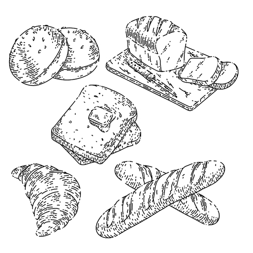 bread bakery food set hand drawn vector. pastry loaf, flour bun, whead croussant, breakfast toast, french bake bread bakery food sketch. isolated black illustration