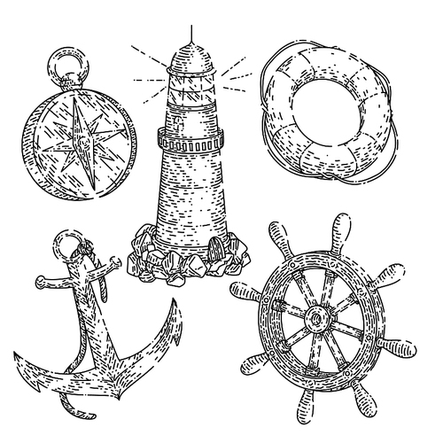 marine sea ocean set hand drawn vector. water beach, summer design, anchor nautical, lighthouse marine sea ocean sketch. isolated black illustration