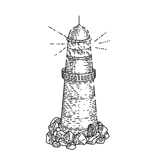 lighthouse sea hand drawn vector. beacon light house, ocean tower, beach marine, nautical coast lighthouse sea sketch. isolated black illustration