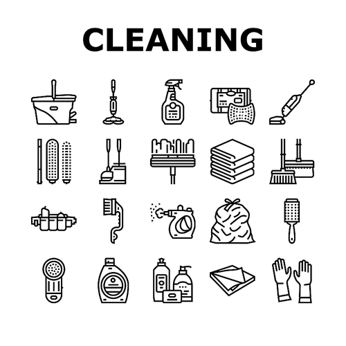 Cleaning And Washing Accessories Icons Set Vector. Vacuum Cleaner And Clothes Cleaning Electronic Equipment, Scoop And Broom, Napkin And Towel For Clean Window Black Contour Illustrations