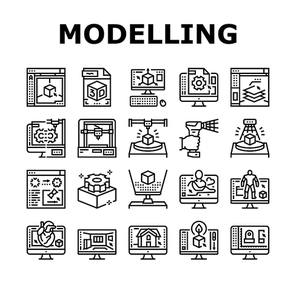 3d Modelling Software And Device Icons Set Vector. 3d Modelling Computer Program For Interior Visualization And Architecture Exterior, Scanning And Printing Black Contour Illustrations