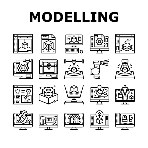 3d Modelling Software And Device Icons Set Vector. 3d Modelling Computer Program For Interior Visualization And Architecture Exterior, Scanning And Printing Black Contour Illustrations