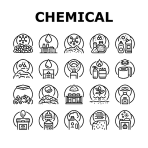 Chemical Industry Production Icons Set Vector. Polymers And Petrochemicals, Glue And Aerosol Spray, Rubber And Paint Varnish Chemical Industry Manufacturing Black Contour Illustrations