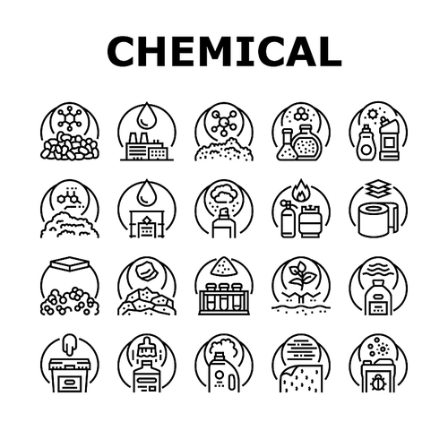 Chemical Industry Production Icons Set Vector. Polymers And Petrochemicals, Glue And Aerosol Spray, Rubber And Paint Varnish Chemical Industry Manufacturing Black Contour Illustrations