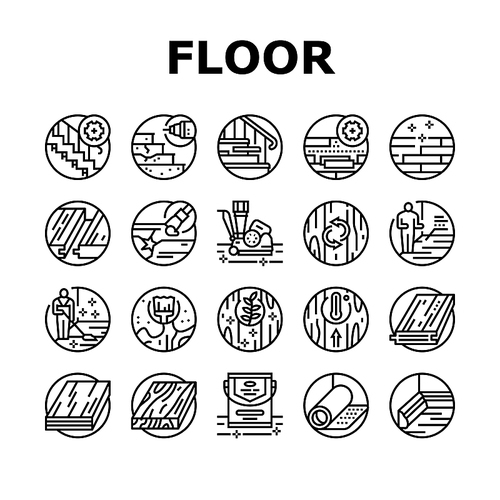 Hardwood Floor And Stair Renovate Icons Set Vector. Hardwood Floor Restoration And Installation, Parquet Varnish And Plinth Line. Cleaning And Repairing Service Black Contour Illustrations