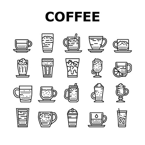 Coffee Types Energy Morning Drink Icons Set Vector. Espresso And Cappuccino, Macchiato And Latte, Americano And Chocolate Coffee Types Line. Caffeine Hot Beverage Black Contour Illustrations