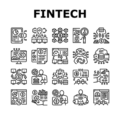 Fintech Financial Technology Icons Set Vector. Hackathon Fintech Development And Blockchain, Crowdfunding And Investment Finance Business Line. Digital Money Earning Black Contour Illustrations