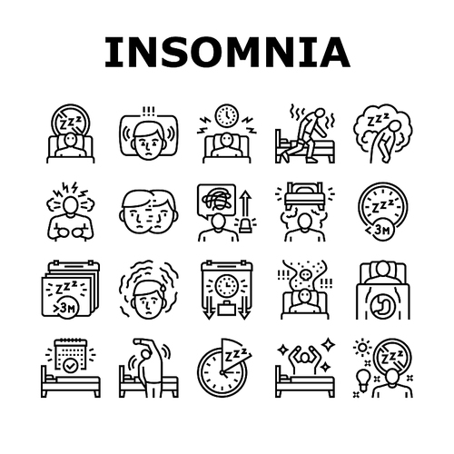 Insomnia Person Chronic Problem Icons Set Vector. Remaining Passively Awake And Difficulty Falling Asleep At Night, Insomnia Stimulus Control And Light Therapy Black Contour Illustrations