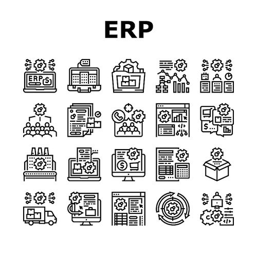 Erp Enterprise Resource Planning Icons Set Vector. Erp Manufacturing Processing And Production, Planning Strategy And Management Tasks, Development Software And App Black Contour Illustrations