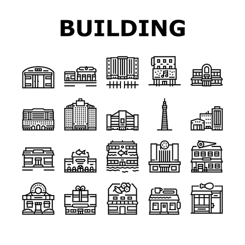 Building Restaurant And Store Icons Set Vector. Warehouse Construction And Office Skyscraper, Cinema And Gift Shop Building, Gas Petroleum Station And Tower Black Contour Illustrations