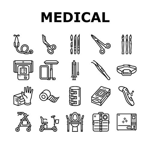 Medical Instrument And Equipment Icons Set Vector. Thermometer And Scalpel, Knife And Scissors, Sticking Plaster Roll And Bandage Medical Instrument And Tool Black Contour Illustrations