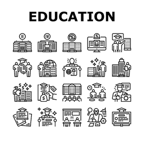 Higher Education And Graduation Icons Set Vector. Two And Four Year Higher Education In College And University, Private Profit Institution And International Admission Black Contour Illustrations