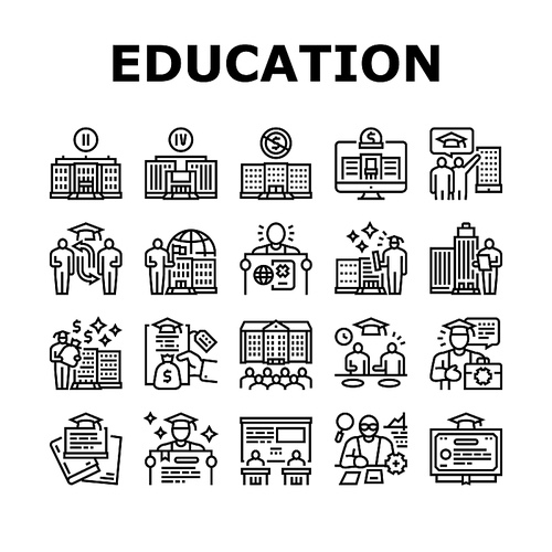 Higher Education And Graduation Icons Set Vector. Two And Four Year Higher Education In College And University, Private Profit Institution And International Admission Black Contour Illustrations