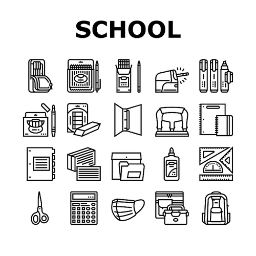 School Supplies Stationery Tools Icons Set Vector. Pencil And Market Package, Ruler And Scissors, Calculator Electronic Device And Backpack School Supplies Black Contour Illustrations