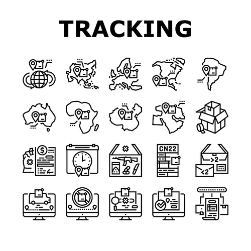 Shipment Tracking International Icons Set Vector. Middle East And Europe, China And Africa, Australia And Asia, South America And North America Shipment Tracking Black Contour Illustrations
