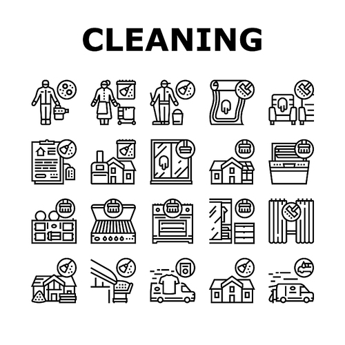 Cleaning Building And Equipment Icons Set Vector. Regular Cleaning Apartment And House Room, Bbq And Grill Kitchen Tool, Clean Carpet And Curtains With Appliance Black Contour Illustrations