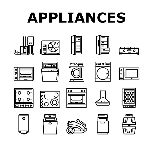 Appliances Domestic Equipment Icons Set Vector. Washer And Dryer Machine, Refrigerator And Freezer, Air Conditioner And Cooling, Microwave Ice Maker Electronic Appliances Black Contour Illustrations