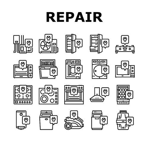 Appliances Repair Maintenance Icons Set Vector. Broken Refrigerator And Freezer, Air Conditioner And Wine Cooler Domestic Appliances Repair Service Black Contour Illustrations