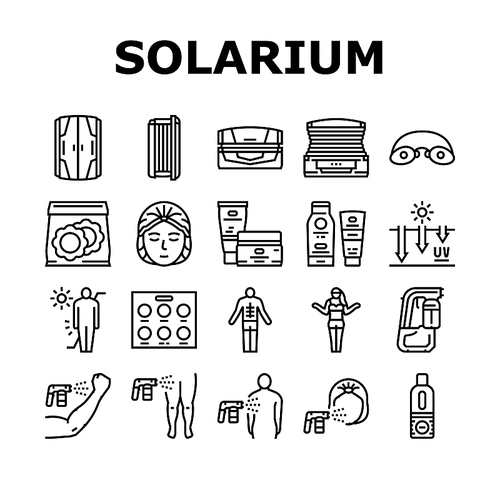 Solarium Salon Tanning Service Icons Set Vector. Disposable Protective Cap And Glasses, Horizontal And Vertical Solarium Cabin, Suntan And Sun Protect Cream Packages Black Contour Illustrations