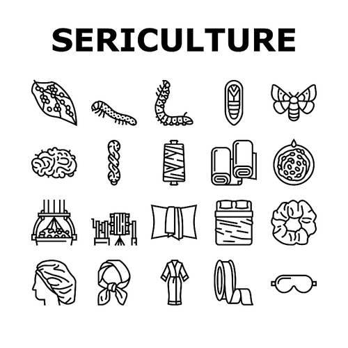 Sericulture Production Business Icons Set Vector. Hatchlings And Larvae Silkworm, Silk Neck Scarf And Ribbon, Pillowcase And Bed Fabric Sheets Line. Thread Wheel And Fiber Black Contour Illustrations