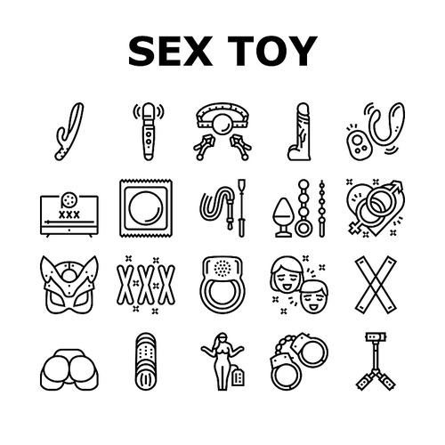 Sex Toy And Sexy Accessories Icons Set Vector. Vagina And Penis, Vibrator And Dildo Anal And Vaginal Masturbation Sex Toy, Handcuff And Ring, Facial Mask And Condom Black Contour Illustrations