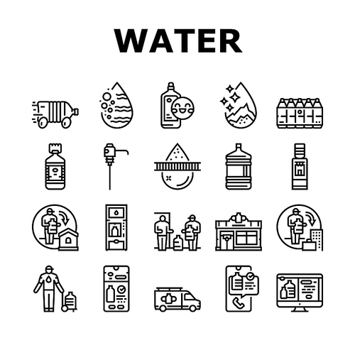 Water Delivery Service Business Icons Set Vector. Water Delivery Service Worker Delivering Drink At Home And Office, Online Ordering In Smartphone Application On Web Site Black Contour Illustrations