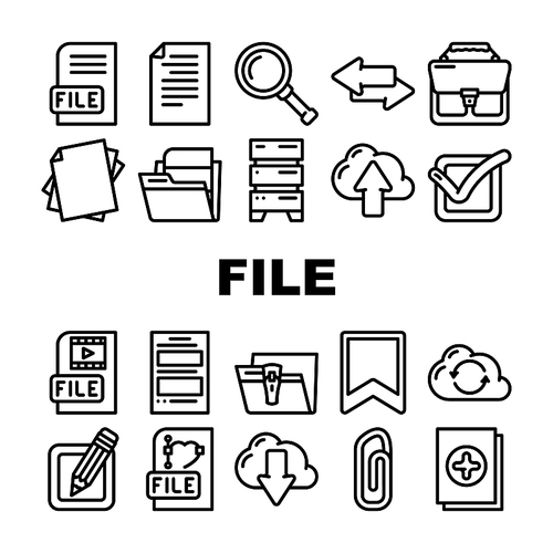 File Computer Digital Document Icons Set Vector. Graphic And Video Electronic File Load And Upload To Cloud Storage Data Center, Sharing And Transfer In Internet Black Contour Illustrations