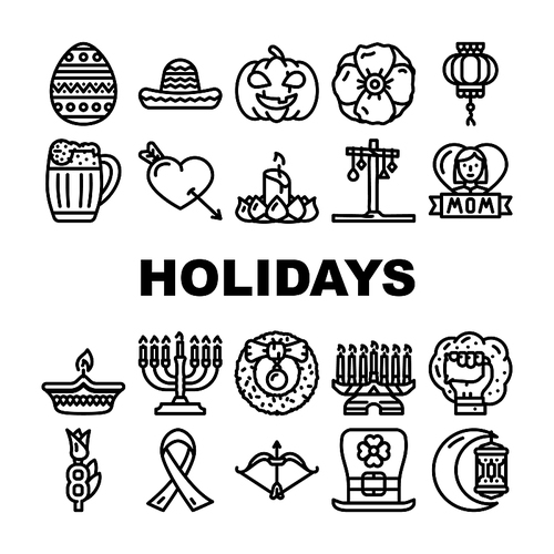 Holidays Celebration Accessories Icons Set Vector. Mother And 8th March International Women Day, Holi And Halloween, Christmas And Chinese New Year Celebrate Holidays Black Contour Illustrations