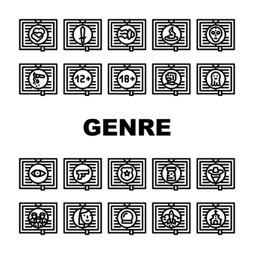 Literary Genre Categories Classes Icons Set Vector. Fantasy And Science Fiction, Action Adventure And Paranormal, Crime And Magic Literary Genre Black Contour Illustrations