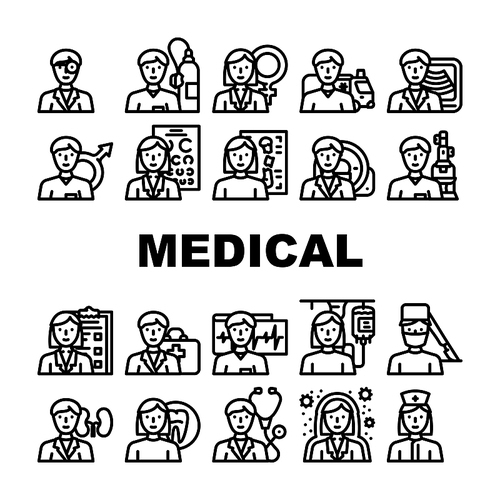 Medical Speciality Health Treat Icons Set Vector. Dentist And Oculist, Immunologist And Therapist, Gynecologist And Urologist Doctor Hospital Medical Speciality Black Contour Illustrations