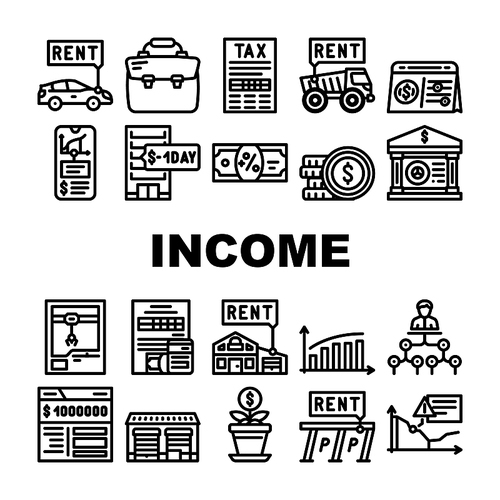 Passive Income Finance Earning Icons Set Vector. Car Rental And Delivery Of Special Transport Truck, Parking And House Rent Passive Income Line. Millionaire Bank Account Black Contour Illustrations