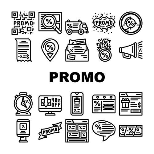 Promo And Advertising Coupon Icons Set Vector. Qr Code On Sale Discount And Newsletter With Advertise Messenger, Promo Street Banner And Promotional Ribbon Black Contour Illustrations