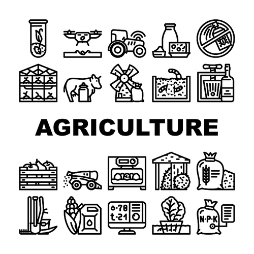 Agriculture Farmland Business Icons Set Vector. Mill And Greenhouse Farm Construction, Drone For Planting Plant And Tractor With Gps, Agriculture Harvesting And Production Black Contour Illustrations