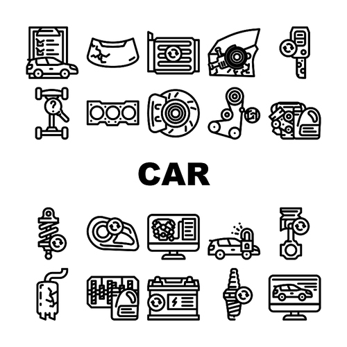 Car Service Technical Maintenance Icons Set Vector. Car Service Worker With Equipment For Repair And Computer Diagnostic Digital Analyzing, Changing Oil In Gearbox Engine Black Contour Illustrations