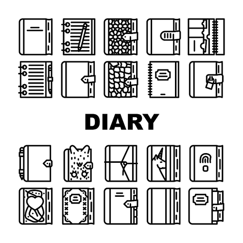 Diary Paper Stationery Accessory Icons Set Vector. Diary With Pen And Crocodile Skin Cover For Writing And Drawing, With Fingerprint Scanner And Password Lock Black Contour Illustrations