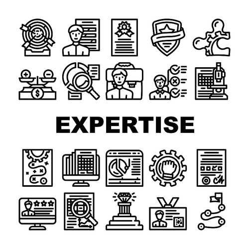 Expertise Business Processing Icons Set Vector. Skill Employee And Leadership Expertise, Calendar With Report Work Done And Reporting Goal Achievement. Scientific Approach Black Contour Illustrations