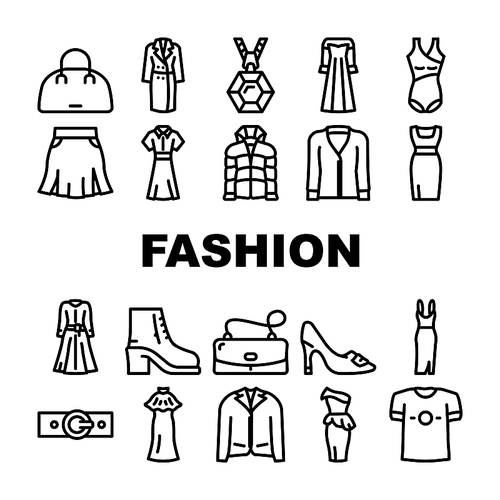 Fashion Store Garment And Shoes Icons Set Vector. Fashion Store Selling Dresses Evening Gowns And Jacket, T-shirt And Coats, Woman Bag And Belt Accessories Black Contour Illustrations