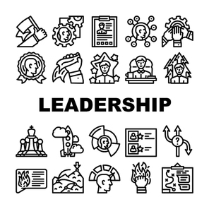 Leadership Leader Business Skill Icons Set Vector. Motivation Employee And Manager Career, Network Communication And Planning Strategy, Businessman Leadership Black Contour Illustrations