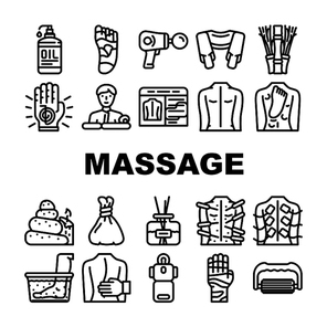 Massage Accessories And Treatment Icons Set Vector. Shiatsu Massage Physiotherapy And Acupuncture, Water And Stone For Massaging, Masseur Business And Occupation Black Contour Illustrations