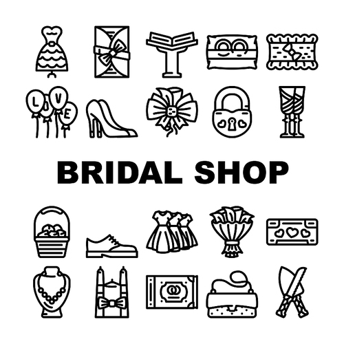 Bridal Shop Fashion Boutique Icons Set Vector. Dress For Bride And Costume For Groom, Garment For Bridesmaid And Candles, Ring And Wedding Album Selling In Bridal Shop Black Contour Illustrations