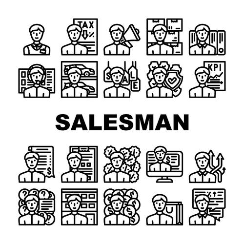 Salesman Business Occupation Icons Set Vector. Salesman Megaphone Advertising Of Seasonal Store Sale And Discounts, Tax Advice And Call Center Worker Support Black Contour Illustrations