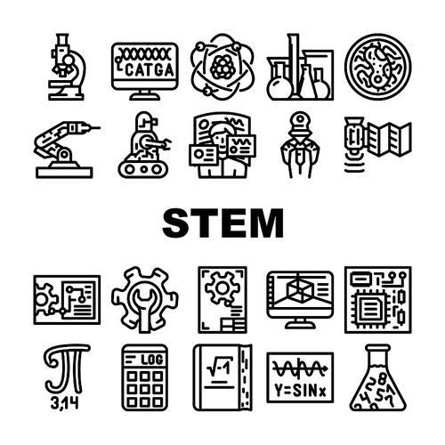 Stem Engineer Process And Science Icons Set Vector. Educational Book And Trigonometry Formula, Stem Engineering Processing And Laboratory Researching, Software Technology Black Contour Illustrations
