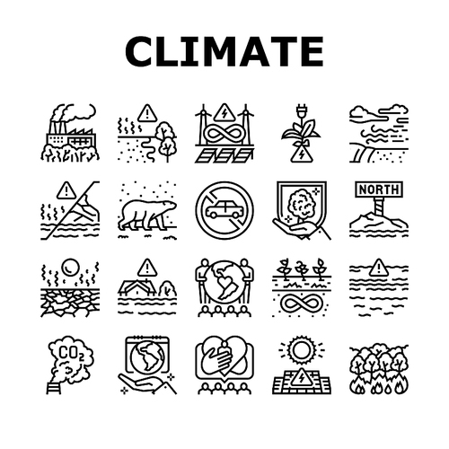 Climate Change And Eco Problem Icons Set Vector. Nature Care Day And Conservation World, Desertification And Renewable Energy, Climate Change And Glacier Melt Line. Black Contour Illustrations