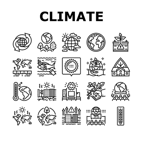Climate Change And Environment Icons Set Vector. Climate Change And Pollution Water, Globe Temperature And Hot Weather, People Save Nature And Ecology Protest Line. Black Contour Illustrations