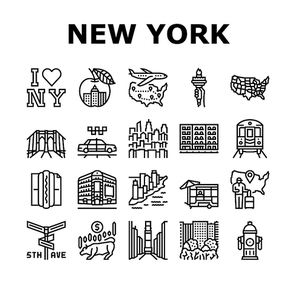 New York American City Landmarks Icons Set Vector. Square And 5th Avenue, Central Park And Broadway, Manhattan And Brooklyn Bridge Line. Subway And Taxi Cab Urban Transport Black Contour Illustrations