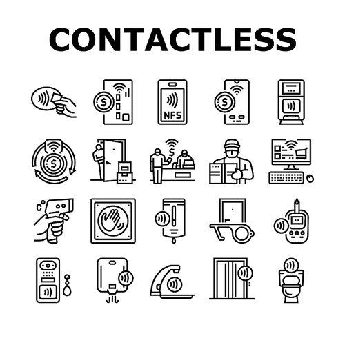 Contactless System Technology Icons Set Vector. Contactless Payment With Card And Smartphone Nfc At Pos Terminal, Faucet And Antiseptic Dispenser, Elevator And Toilet Line. Black Contour Illustrations