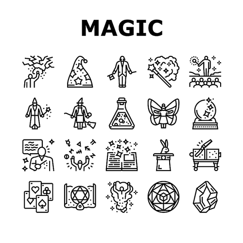 Magic Performing And Accessories Icons Set Vector. Rabbit In Hat Illusionist Magic Focus And Show, Crystal And Book, Card And Sphere, Potion Liquid And Fairy Line. Black Contour Illustrations