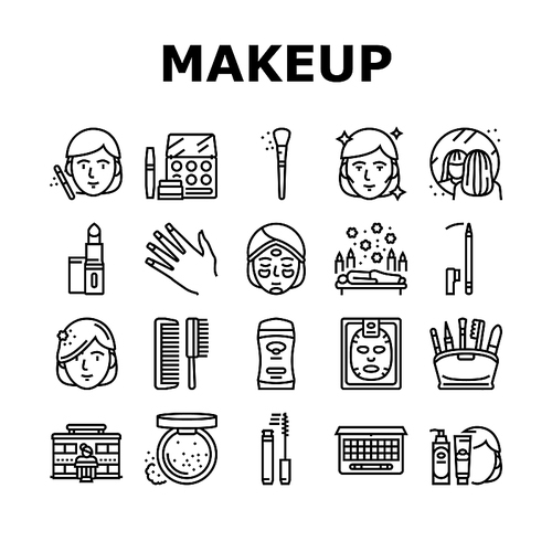 Makeup Cosmetology Procedure Icons Set Vector. Lipstick And Brush, Mascara And Powder Fashion Makeup Accessory, Eyebrow And Facial Cosmetic Line. Spa Salon Treatment Black Contour Illustrations